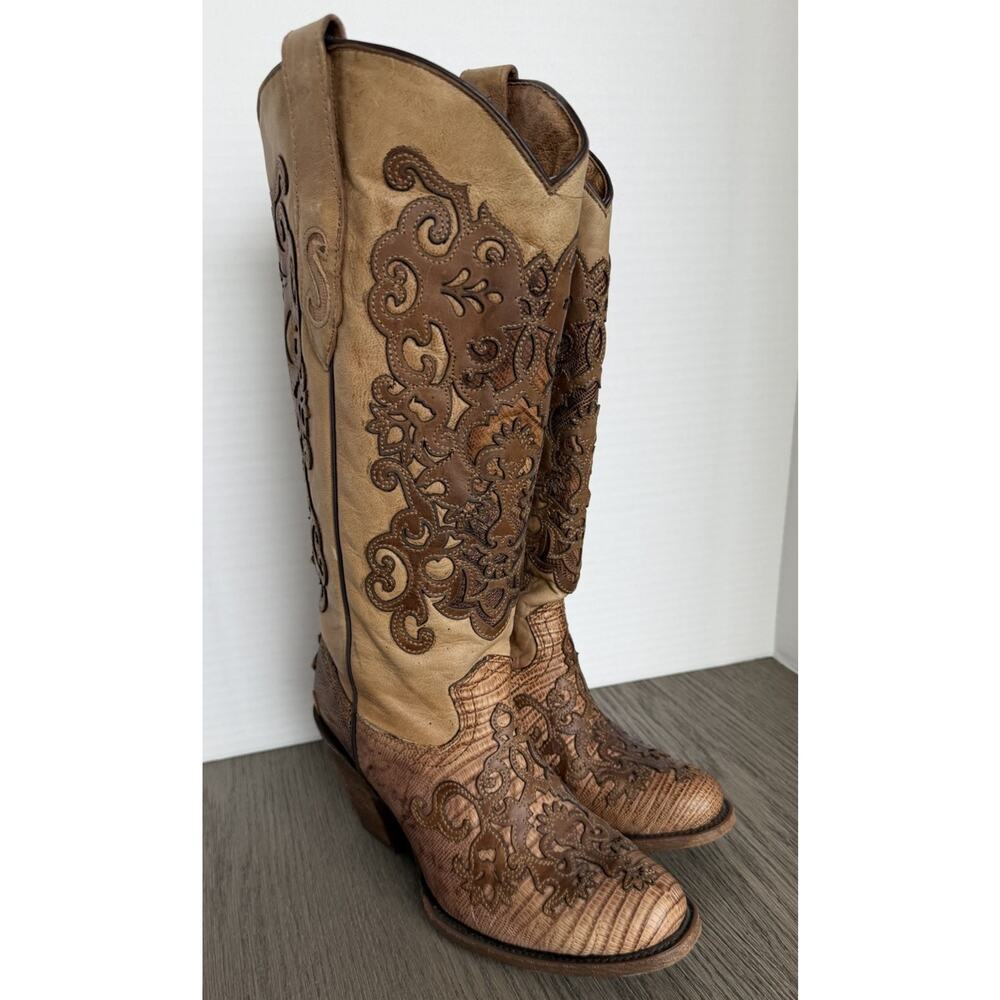 Cuadra Genuine Teju Lizard Cowboy Boots Women Brown Scroll Overlay Size 8